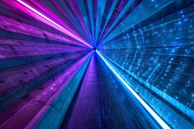 um túnel de luz que é iluminado com luzes azuis e roxas emitindo linhas e dados Internet techno