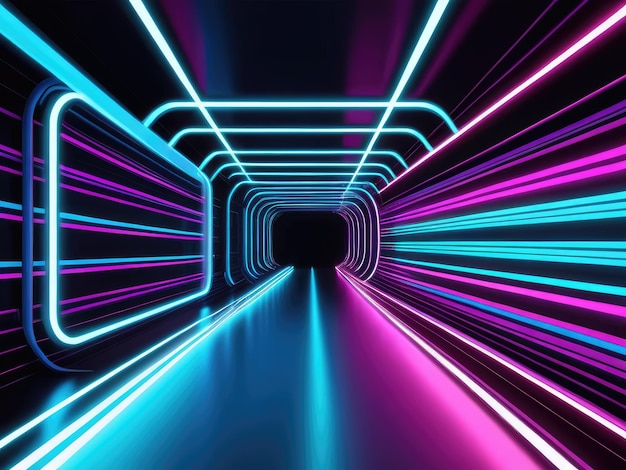 Foto um túnel de luzes de néon e uma estética de realidade virtual