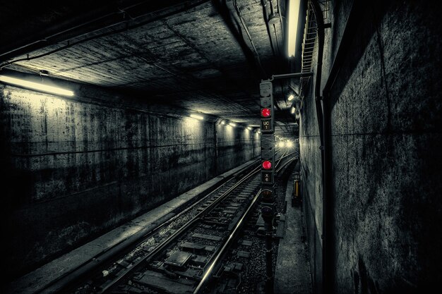 Foto um túnel de metrô com um sinal vermelho que diz saída