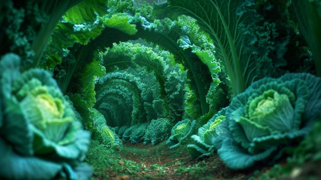 Um túnel de plantas verdes com muitas folhas