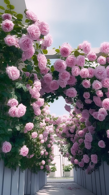 Um túnel de rosas está cheio de flores