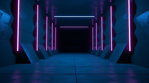Um túnel escuro com luzes de néon e um túnel escuro.