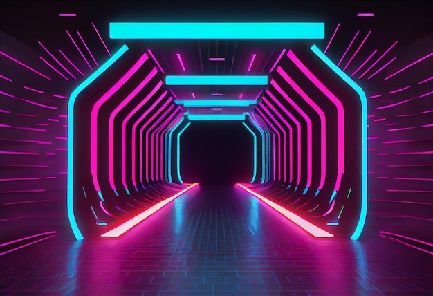 Um túnel escuro com luzes neon no teto