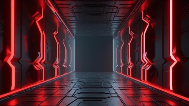 Um túnel escuro com luzes vermelhas e um sinal de néon vermelho que diz 'espaço'