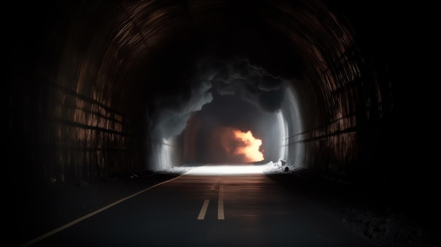 Um túnel escuro com uma luz no lado esquerdo e um incêndio saindo do túnel.