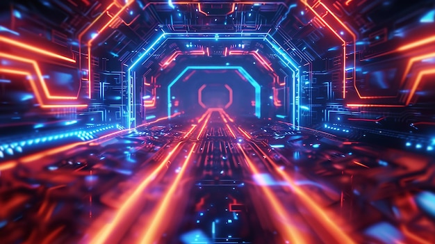 Um túnel futurista com luzes de néon e um esquema de cores azul e vermelho