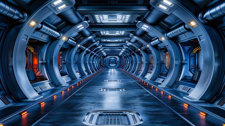 Foto um túnel futurista vazio com arquitetura moderna e luzes de néon retratando tecnologia avançada e transporte em um cenário de ficção científica