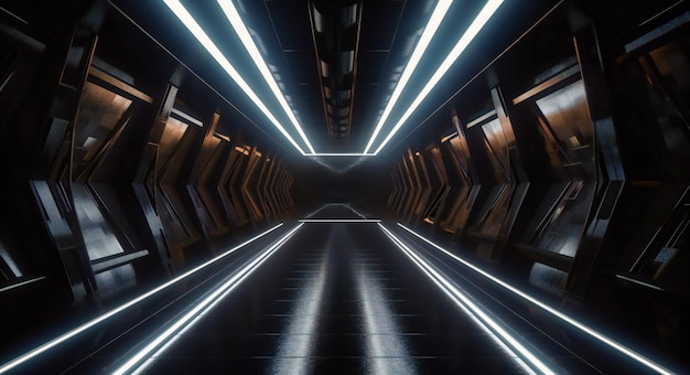 Um túnel iluminado separando dois lados de uma sala escura
