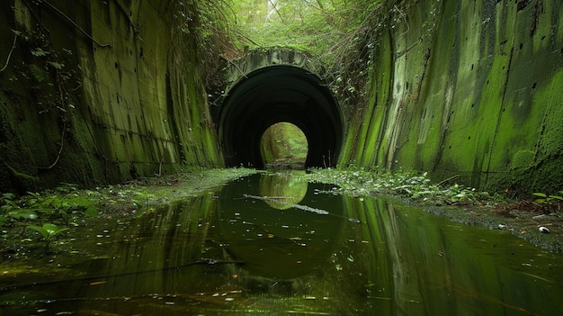 Um túnel inundado e abandonado coberto de folhagem