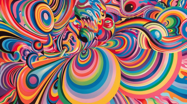 Um turbilhão psicodélico de formas e padrões coloridos inspirados na Op Art, ilustração gerada pela IA.