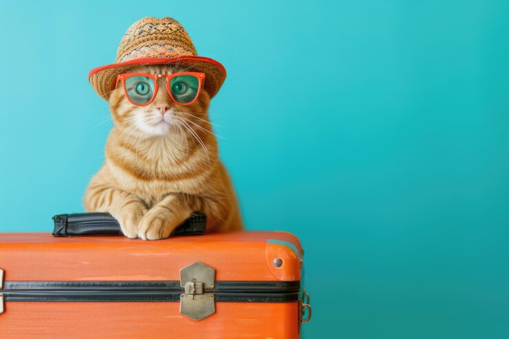 Um turista de gato engraçado com óculos de sol de pé com uma mala com óticos de sol a ir para uma viagem de férias de verão