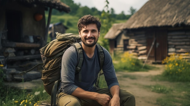 Um turista de trinta anos está viajando ao ar livre com uma mochila.