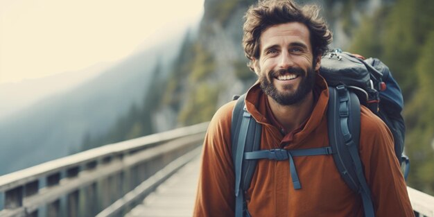 Um turista masculino está em uma ponte de montanha nos Alpes