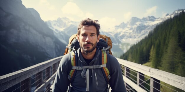 Um turista masculino está em uma ponte de montanha nos Alpes