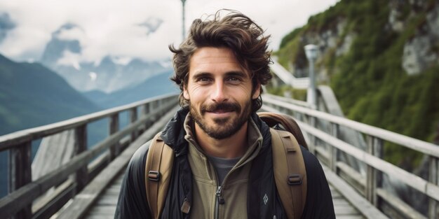 Um turista masculino está em uma ponte de montanha nos Alpes