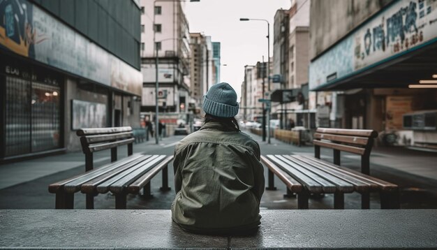 Foto um turista solitário senta-se no banco admirando os arranha-céus da paisagem urbana gerados pela ia