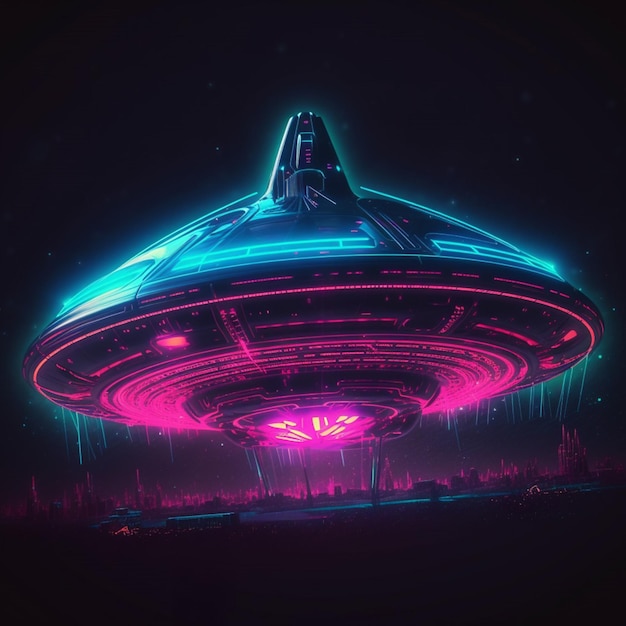 Um ufo neon está no escuro com a palavra alienígena nele.