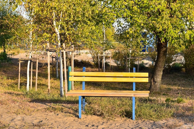 Um único assento de cadeira de banco no parque sob a árvore no outono com folhas amarelas de galhos e folhas no chão Belo conceito de solidão de fundo de outono