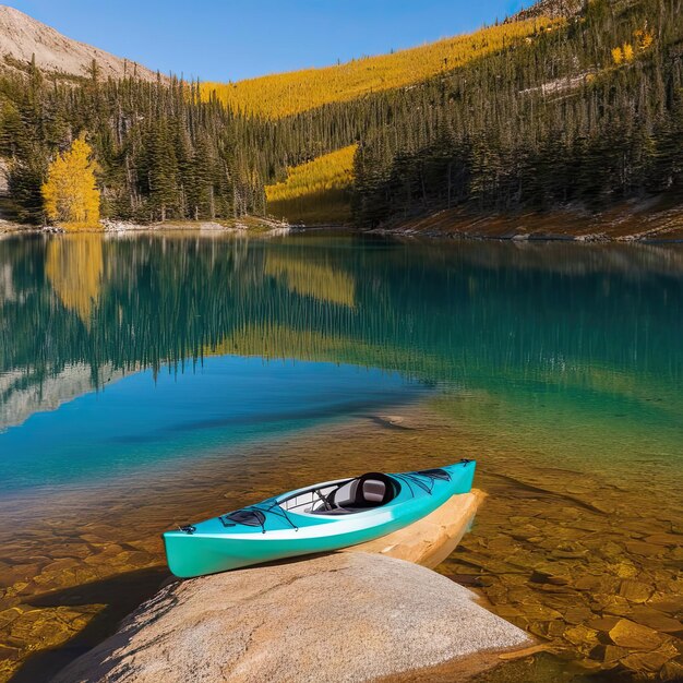 Um único barco descansa na margem de um lago tranquilo.