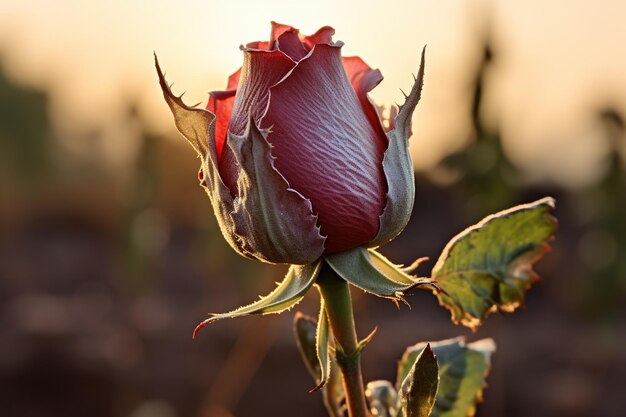 Foto um único botão de rosa começando a se desdobrar na luz suave