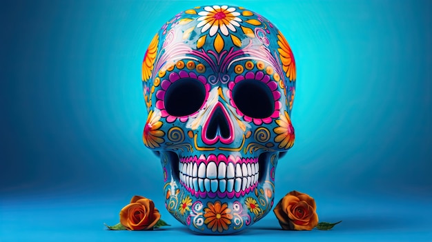 Um único crânio de açúcar ou Catrina em um fundo azul vívido ou papel de parede