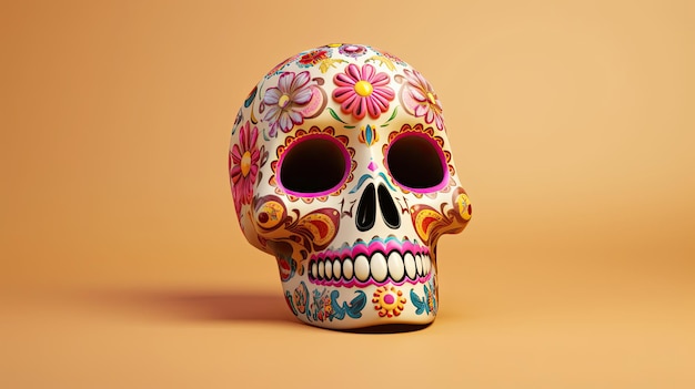 Um único crânio de açúcar ou Catrina em um fundo bege ou papel de parede