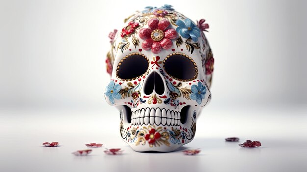 Um único crânio de açúcar ou Catrina em um fundo branco ou papel de parede