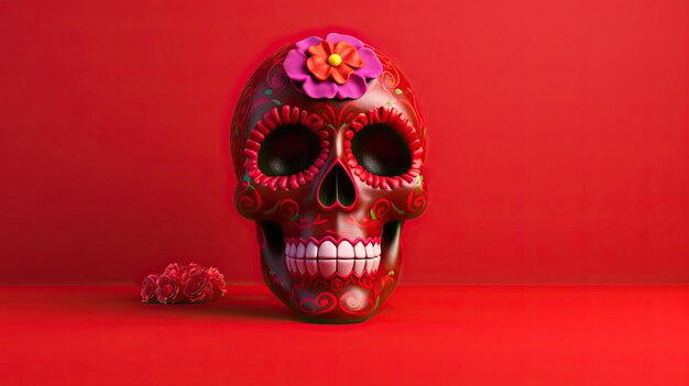 Um único crânio de açúcar ou Catrina em um fundo escarlate ou papel de parede