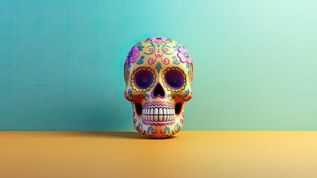 Um único crânio de açúcar ou Catrina em um fundo ou papel de parede castanho