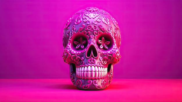 Um único crânio de açúcar ou Catrina em um fundo ou papel de parede magenta vívido