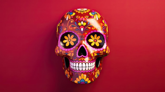 Um único crânio de açúcar ou Catrina em um fundo ou papel de parede marrom vívido