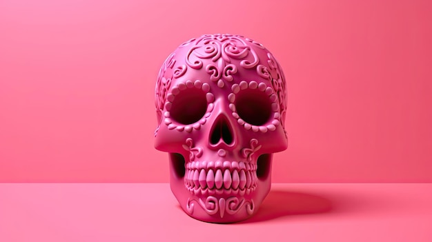 Um único crânio de açúcar ou Catrina em um fundo ou papel de parede rosa