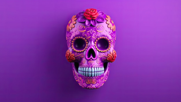 Um único crânio de açúcar ou Catrina em um fundo ou papel de parede violeta