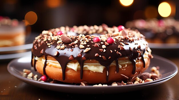 Um único Donuts com calda de chocolate na frente