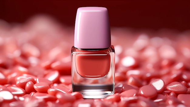 Um único esmalte rosa glamoroso e solitário em um fundo rosa