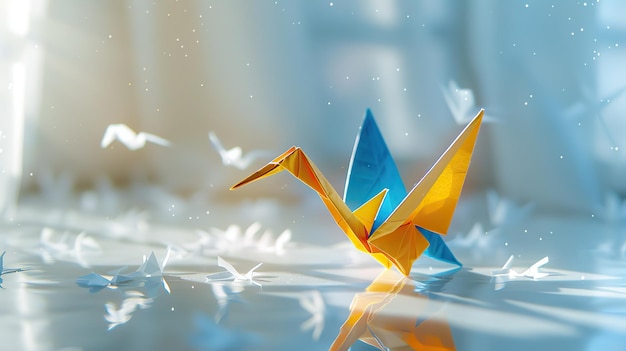 Um único guindaste origami amarelo e azul colocado em uma superfície branca simbolizando paz e resiliência