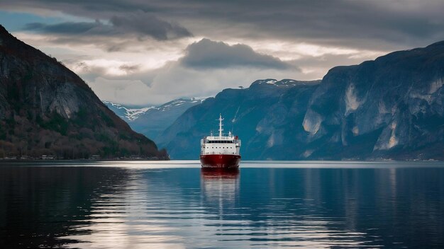 Foto um único navio no lago cercado por altas montanhas rochosas sob o céu nublado na noruega