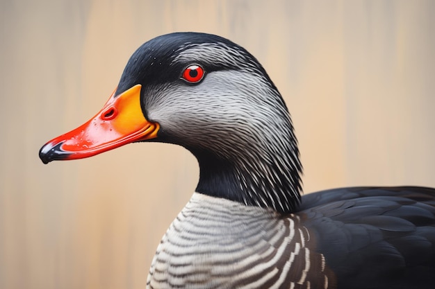 Um único pato preto com bico vermelho brilhante