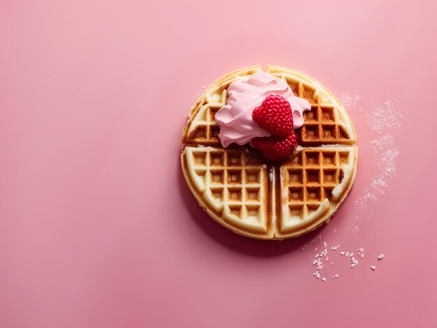 Um único waffle com xarope em fundo rosa