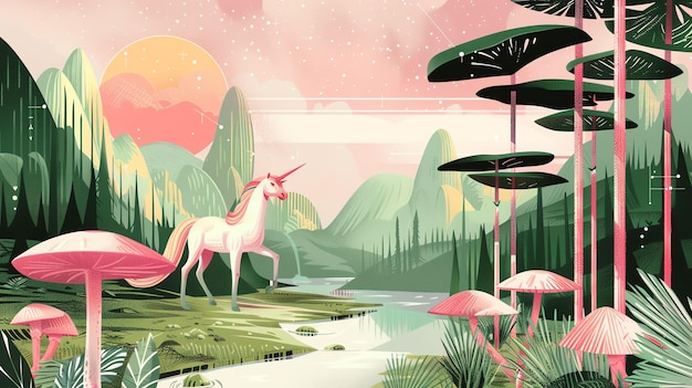 Um unicórnio está em um vale verde exuberante com cogumelos cor-de-rosa e um rio correndo através dele o sol está a pôr-se e o céu é de uma cor rosa profunda