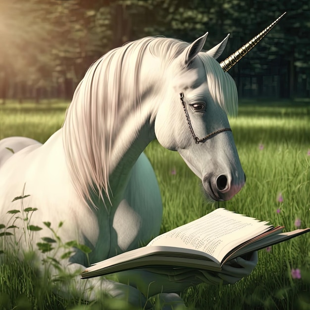 Um unicórnio lendo um livro em um campo de grama.