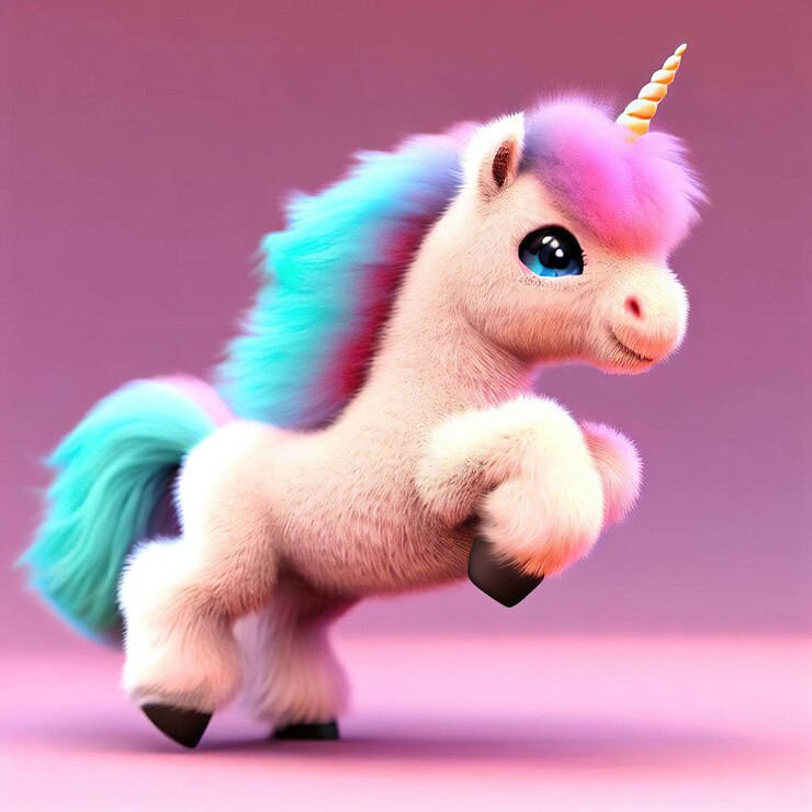Foto um unicórnio rosa e roxo com cabelo azul e fundo rosa.