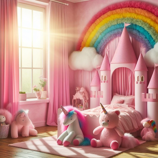 um unicórnio rosa e unicórnios estão em uma sala com um arco-íris e arco-íris