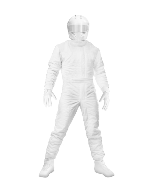 um uniforme branco de fórmula um em um manequim isolado em um fundo branco