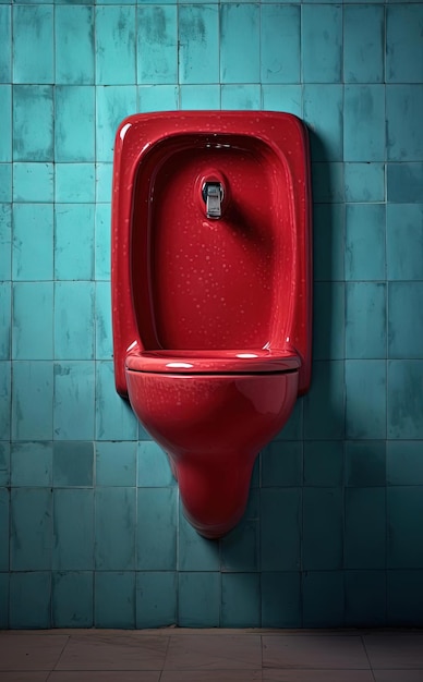 Foto um urinal com um urinal vermelho na parede e uma parede azul