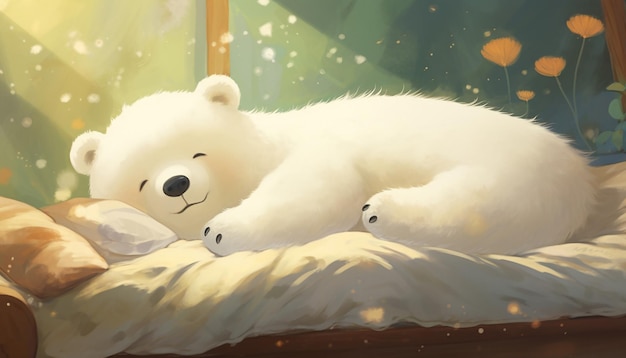 Foto um ursinho branco bonito dizendo boa noite enquanto dorme