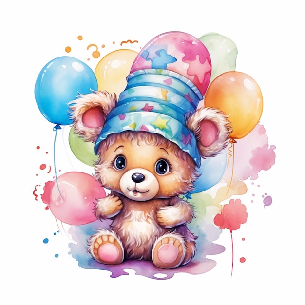 Um ursinho de chapéu com balões e um ursinho de chapéu.