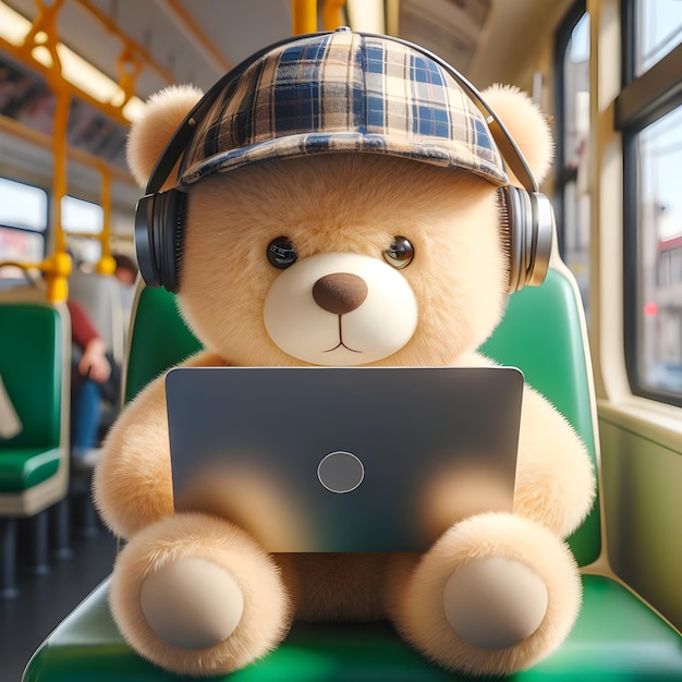 Um ursinho de pelúcia bonito segurando um computador portátil no ônibus