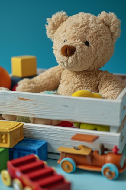 Um ursinho de pelúcia castanho sentado em uma caixa de brinquedo de madeira com uma variedade de brinquedos ai generativa