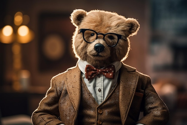 Um ursinho de pelúcia com gravata e óculos